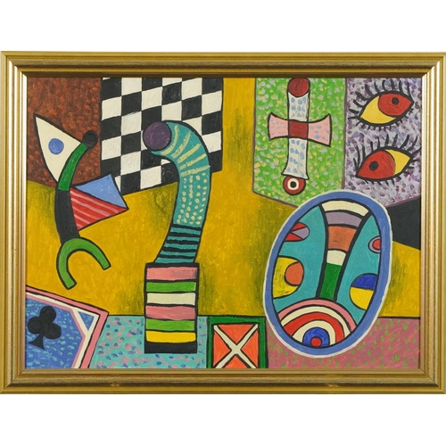 1381 - Manner of Alan Davie - Abstract fish, acrylic onto board, in a gilt frame, 39cm x 29cm excluding the... 