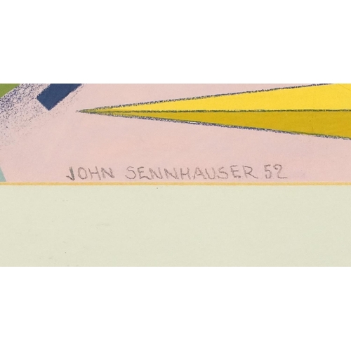 279 - Manner of John Sennhauser - Geometric composition, mixed media crayon, gouache and watercolour on pa... 