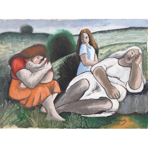 1383 - Style of Bernard Meninsky - Three ladies and baby in a summer landscape, gouache on thick paper, unf... 