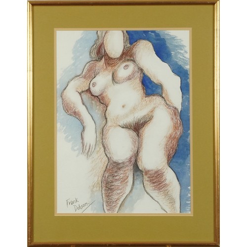 1361 - Style of Frank Dobson - Seated nude, watercolour and pastel on textured paper, mounted and framed, 4... 