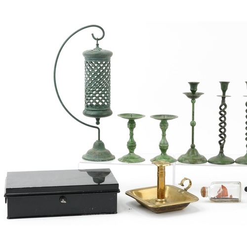 1488 - Brass and metalware including a Victorian brass chamberstick LCO dated '87, candlesticks, miniature ... 