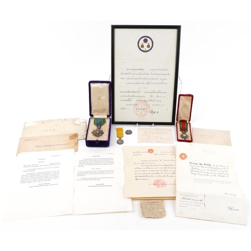 Indian military interest 4th Class Order of the White Elephant medal with box along with enamel 3rd Class Crown of Siam with box and framed citation for John Michell Esquire Superintendent to the Siamese Ministry of Agriculture Bangkok in the early 1900s, Letter from George V with license to wear