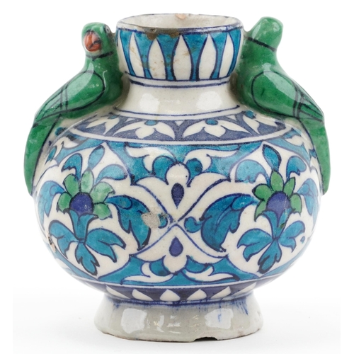 393 - Iznik hand painted pottery floral vase with  bird handles, 13cm high