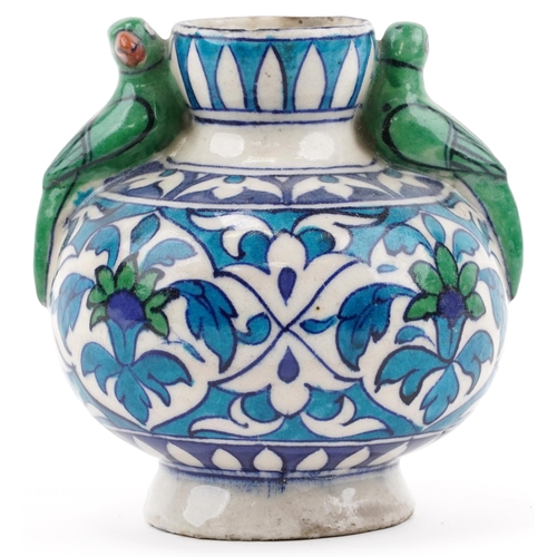 393 - Iznik hand painted pottery floral vase with  bird handles, 13cm high