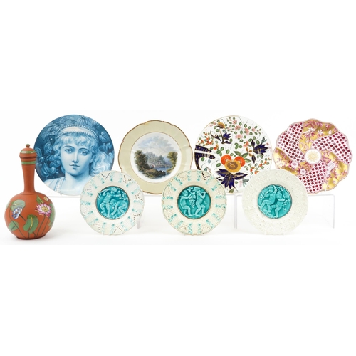 137 - Group of Victorian European and English plates including Prattware, majolica cupids at play, hand pa... 