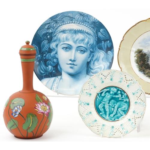 137 - Group of Victorian European and English plates including Prattware, majolica cupids at play, hand pa... 