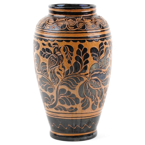 275 - Kiss Mihaly Korond pottery vase with abstract design incised with birds and flowers, 37cm high