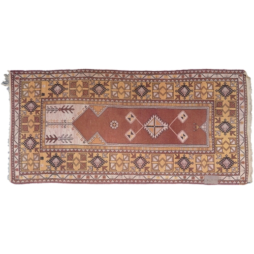 1124 - Large Middle Eastern brown and cream ground prayer rug with geometric borders, 225cm x 112cm