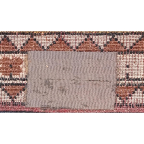 1124 - Large Middle Eastern brown and cream ground prayer rug with geometric borders, 225cm x 112cm