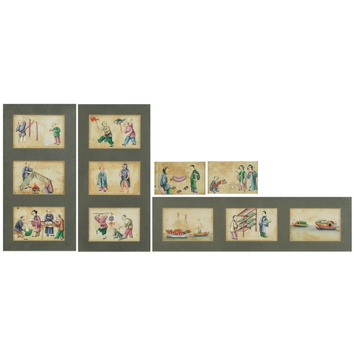 208 - Eleven hand painted Chinese watercolours onto paper, each mounted and framed, the largest 41cm x 13c... 