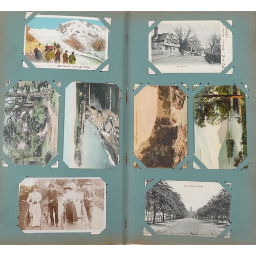 672 - Photographic and topographical postcards housed in an album including American postcards, village bi... 