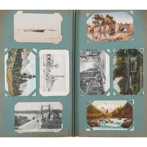 672 - Photographic and topographical postcards housed in an album including American postcards, village bi... 