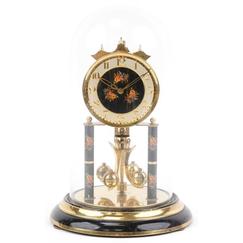 418 - Brass anniversary clock under a glass dome with rose design dial, 32cm high