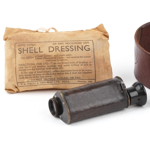 1777 - British military interest leather Sam Browne belt, Home Office Department shell dressing and a monoc... 