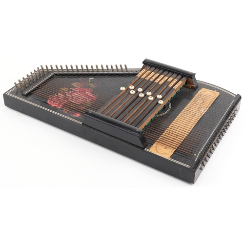 1246 - Wooden zither with rose design in original cardboard box, 50cm x 31cm