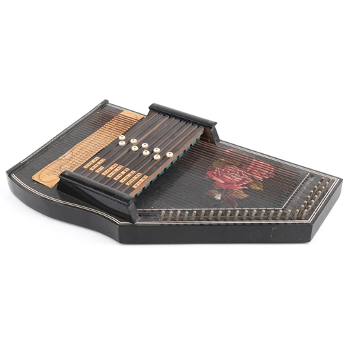 1246 - Wooden zither with rose design in original cardboard box, 50cm x 31cm