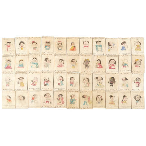 1507 - Forty four hand painted comical Happy Families card game cards, each card 6.5cm x 9cm