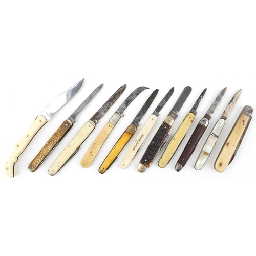 330 - Eleven knives folding pocket knives, some with bone handles