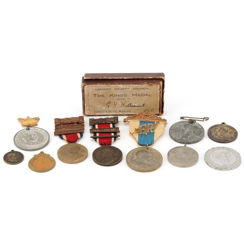 695 - Commemorative medals including Edward VII, George VI, George V and Queen Mary and George III brass m... 