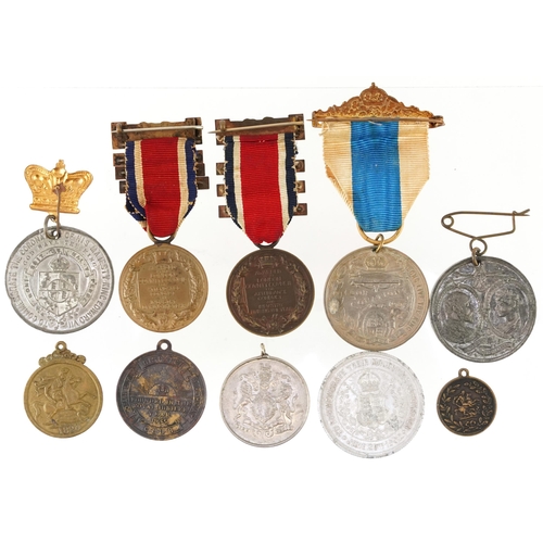 695 - Commemorative medals including Edward VII, George VI, George V and Queen Mary and George III brass m... 