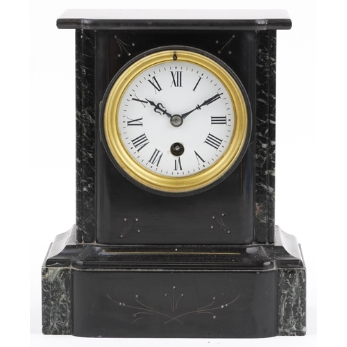 419 - Edwardian black slate mantle clock with enamelled dial, 24cm high