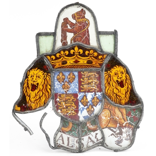 308 - Four Danish leaded stained glass Heraldic Coat of Arms including one with lions and a bear, the larg... 