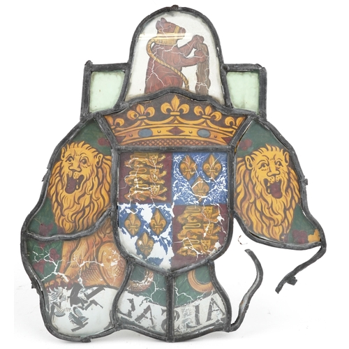 308 - Four Danish leaded stained glass Heraldic Coat of Arms including one with lions and a bear, the larg... 