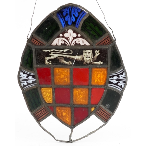 308 - Four Danish leaded stained glass Heraldic Coat of Arms including one with lions and a bear, the larg... 