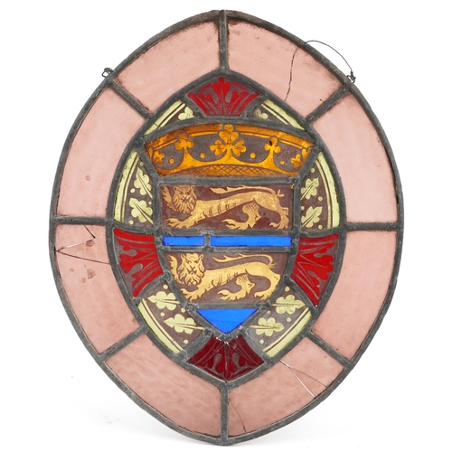 308 - Four Danish leaded stained glass Heraldic Coat of Arms including one with lions and a bear, the larg... 