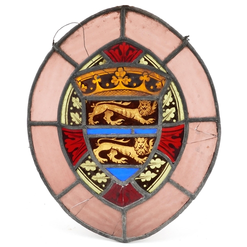 308 - Four Danish leaded stained glass Heraldic Coat of Arms including one with lions and a bear, the larg... 
