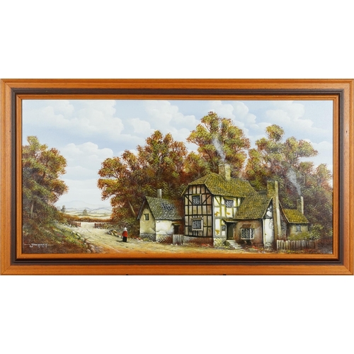 489 - John Hooley - Woman in country lane beside houses, oil on canvas in a contemporary frame, 69cm x 35c... 