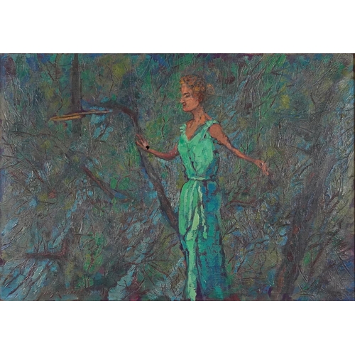 551 - Female wearing a turquoise dress before a forest, Pre-Raphaelite school oil on canvas, in a gilt fra... 