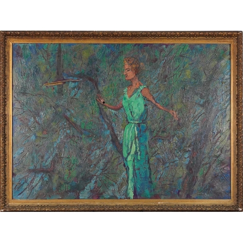 551 - Female wearing a turquoise dress before a forest, Pre-Raphaelite school oil on canvas, in a gilt fra... 