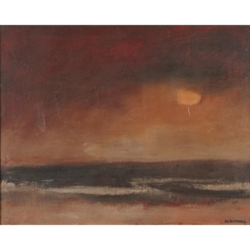 170 - Fritz Bosteels - Atmospheric seascape, inscription and label verso, mounted and framed, 48cm x 39cm ... 