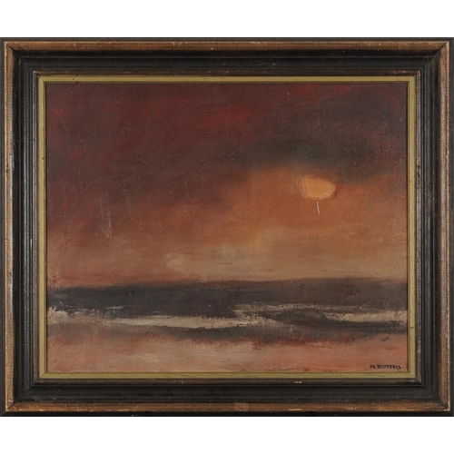 170 - Fritz Bosteels - Atmospheric seascape, inscription and label verso, mounted and framed, 48cm x 39cm ... 