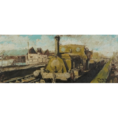 352 - After Jack Butler Yeats - Locomotive at station, oil on board, mounted and framed, 60.5cm x 25cm exc... 