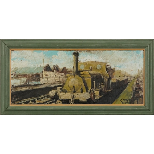 352 - After Jack Butler Yeats - Locomotive at station, oil on board, mounted and framed, 60.5cm x 25cm exc... 