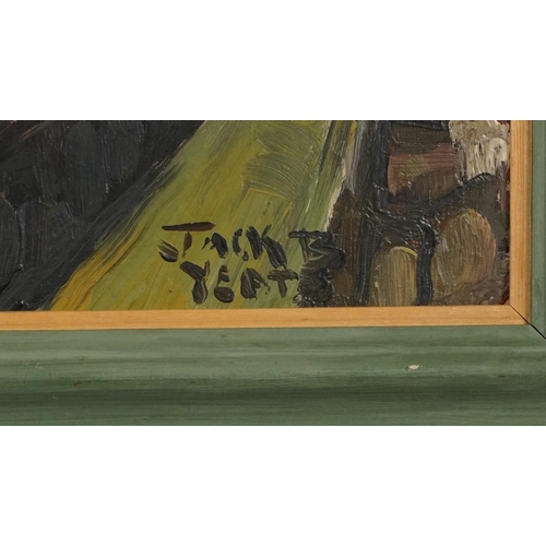 352 - After Jack Butler Yeats - Locomotive at station, oil on board, mounted and framed, 60.5cm x 25cm exc... 