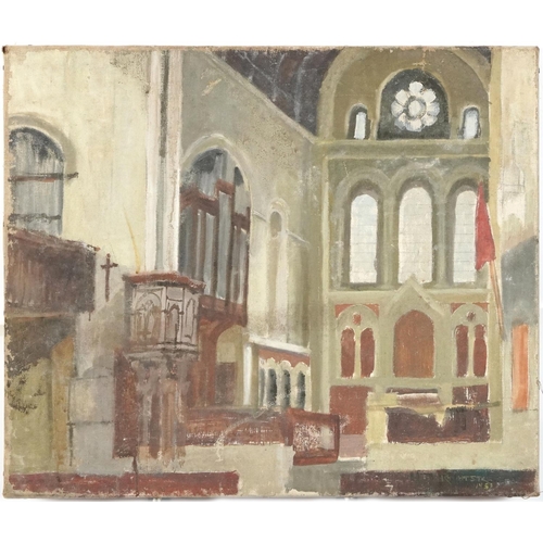 1337 - Interior of a church, oil on canvas, unframed, 61cm x 51cm