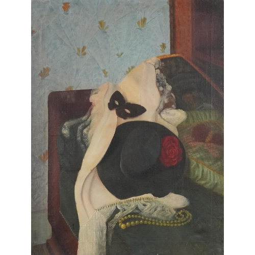 545 - Boudoir interior with Harlequin mask, oil on canvas, unframed, 60.5cm x 46.5cm