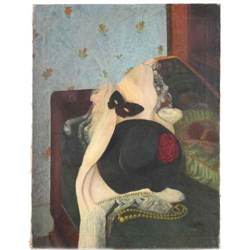 545 - Boudoir interior with Harlequin mask, oil on canvas, unframed, 60.5cm x 46.5cm