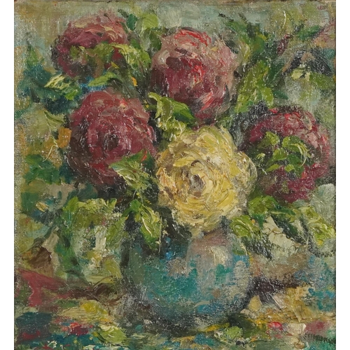 171 - Still life flowers in a vase, oil on canvas, indistinctly signed, mounted and framed, 33.5cm x 30cm ... 