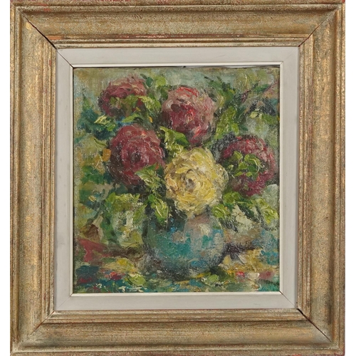 171 - Still life flowers in a vase, oil on canvas, indistinctly signed, mounted and framed, 33.5cm x 30cm ... 