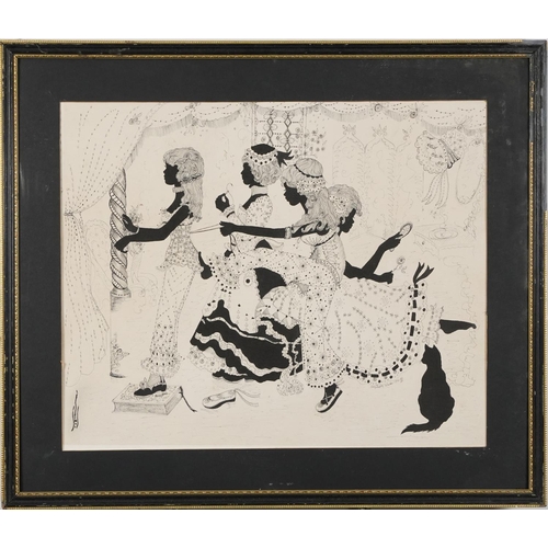 1365 - School of Aubrey Beardsley - Young females in a dressing room, ink on card, mounted and framed, 48.5... 