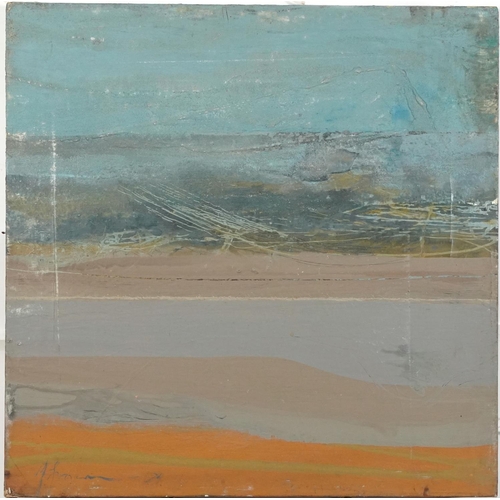 408 - Seashore, abstract composition oil on canvas, inscribed verso, unframed, 61cm x 61cm