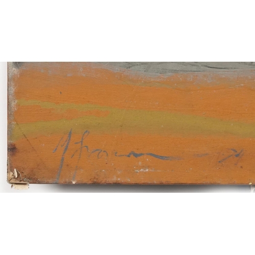 408 - Seashore, abstract composition oil on canvas, inscribed verso, unframed, 61cm x 61cm