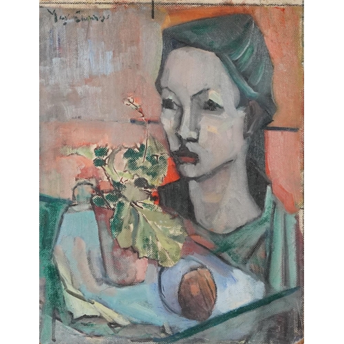 544 - Portrait of a young female in an interior, oil on board, unframed, 46cm x 36cm