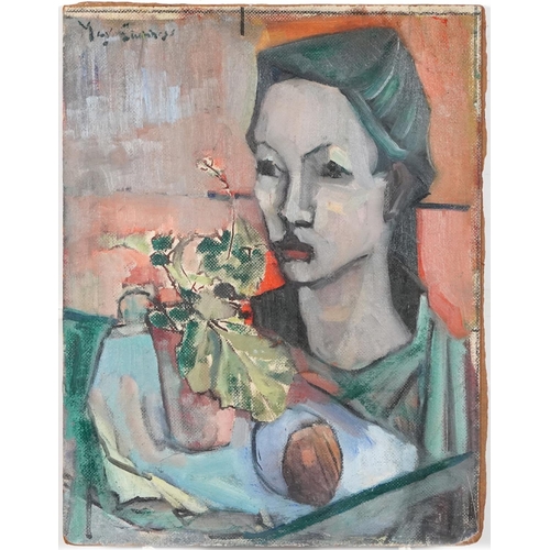 544 - Portrait of a young female in an interior, oil on board, unframed, 46cm x 36cm