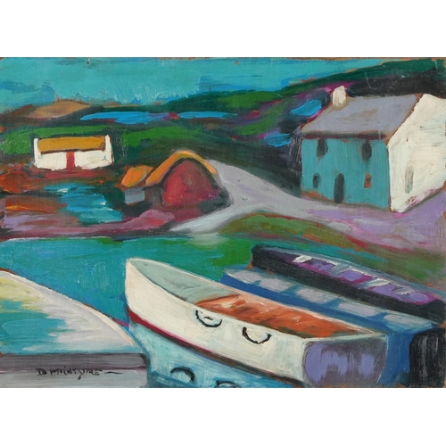 1314 - After Donald McIntyre - Moored boats before cottages, Scottish Colourist school oil on board, unfram... 