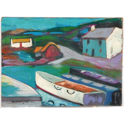 1314 - After Donald McIntyre - Moored boats before cottages, Scottish Colourist school oil on board, unfram... 